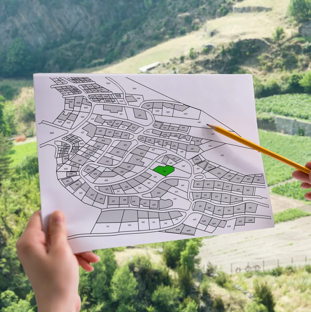 Letecký pohled na české pozemky s vyznačenými hranicemi parcel